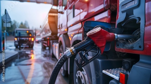 Fototapeta Naklejka Na Ścianę i Meble -  Truck Refueling at a Gas Station with Fuel Pump Nozzle Inserted into Tank
