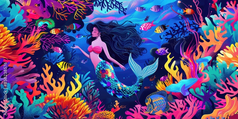 Whimsical Mermaid in a Colorful Reef