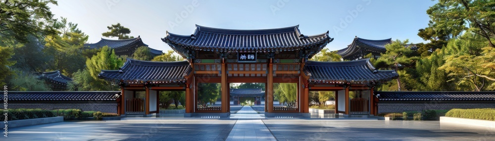 Traditional Korean gate with photovoltaic glass, carbonneutral building design, and seasonalresponsive design, top view, showcasing sustainable heritage, futuristic tone, vivid Traditional Korean gate with photovoltaic glass, carbonneutral building design, and seasonalresponsive design, top view, showcasing sustainable heritage, futuristic tone, vivid