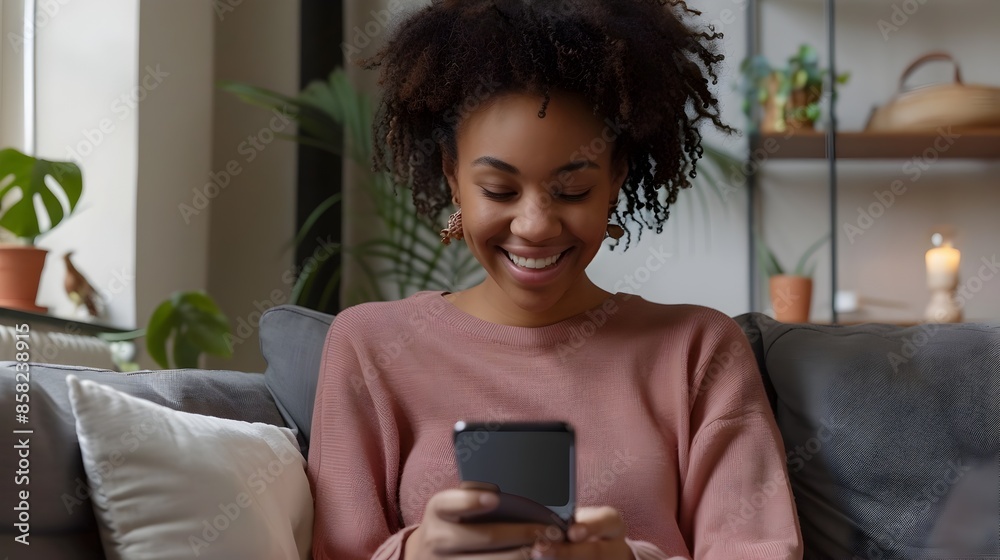 Smiling African Woman Using Smartphone on Couch in Cozy Living Room Smiling African Woman Using Smartphone on Couch in Cozy Living Room