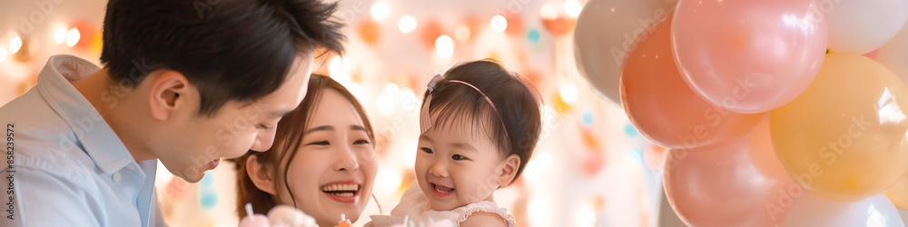 Happy Family Celebrating Baby's Birthday with Balloons and Smiles Happy Family Celebrating Baby's Birthday with Balloons and Smiles