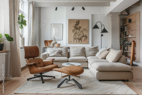 Wallpaper Mural photo of brown sofa and recliner chair with plants in a scandinavian clean and minimalist living room apartment and design interior furniture Torontodigital.ca