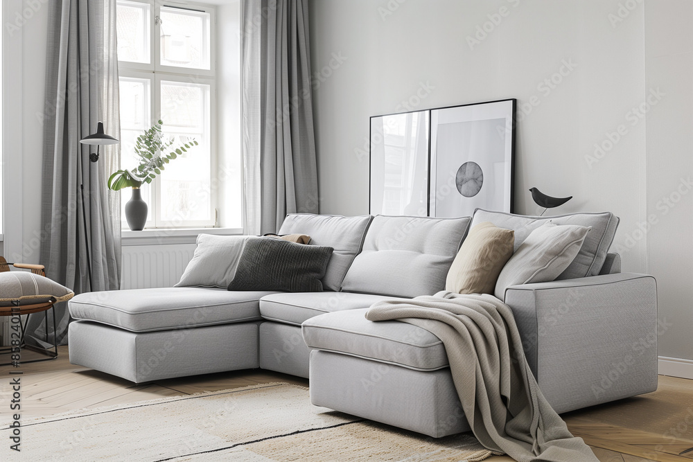 Fototapeta premium photo of white sofa and recliner chair with plants in a scandinavian clean and minimalist living room apartment and design interior furniture