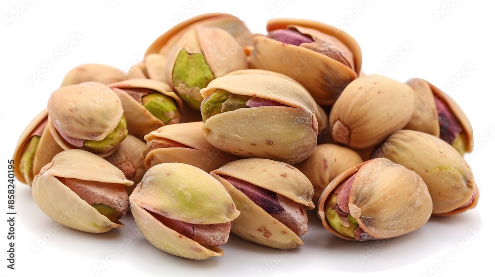 Pile of Fresh Green and Brown Pistachios on White Background Pile of Fresh Green and Brown Pistachios on White Background