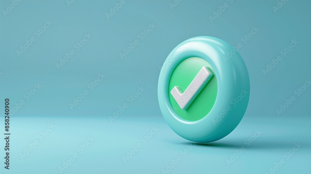 Abstract 3D rendering of a green check mark in a circular button on a blue background, symbolizing approval, confirmation, and success. 3D Illustration. Abstract 3D rendering of a green check mark in a circular button on a blue background, symbolizing approval, confirmation, and success. 3D Illustration.