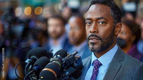 Journalist holds a press conference amidst a flurry of media attention, their words echoing within the room's confines. illustration images photo