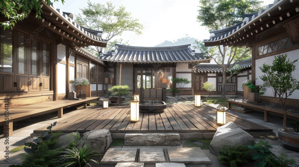 Fototapeta premium Traditional Korean courtyard featuring solarpowered lanterns