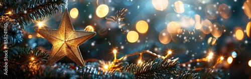 Golden Starlight Christmas Banner on Dark Night Sky with Bokeh © hisilly