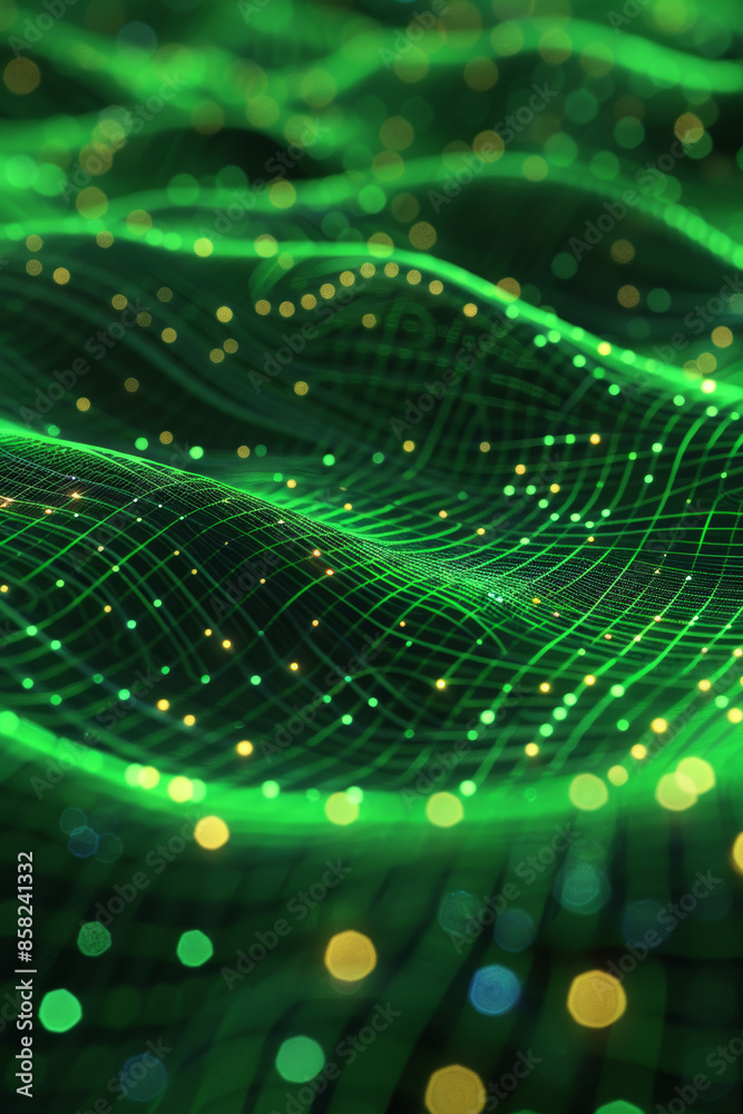 Abstract Technology Background with Green Digital Waves and Glowing Dots Abstract Technology Background with Green Digital Waves and Glowing Dots