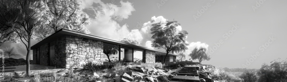 Lowimpact building with stone and timber construction and energyefficient design, side view, portraying sustainable architecture, digital tone, black and white Lowimpact building with stone and timber construction and energyefficient design, side view, portraying sustainable architecture, digital tone, black and white