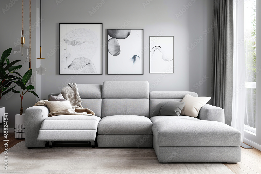 Fototapeta premium photo of grey sofa and recliner chair with plants in a scandinavian clean and minimalist living room apartment and design interior furniture