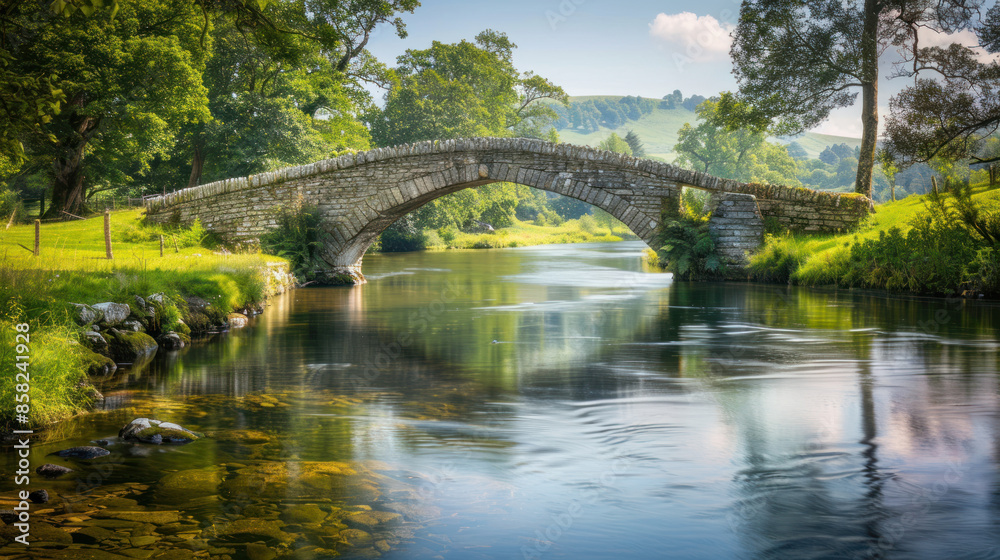 Historic stone bridge crossing a tranquil river in a scenic area Historic stone bridge crossing a tranquil river in a scenic area
