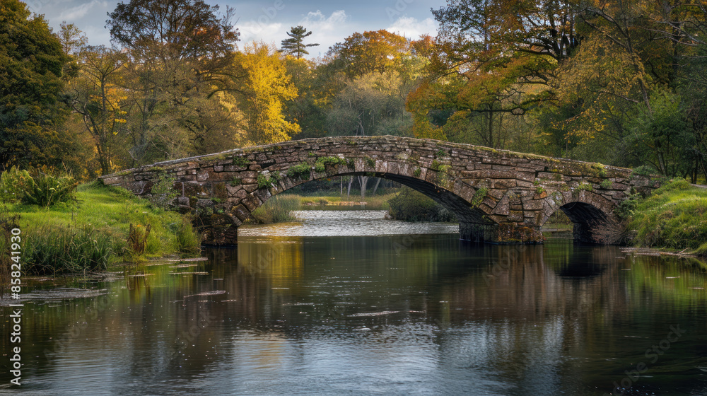 Historic stone bridge crossing a tranquil river in a scenic area Historic stone bridge crossing a tranquil river in a scenic area