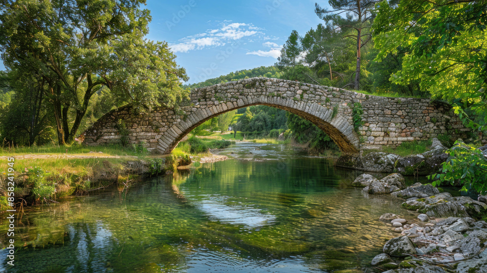 Historic stone bridge crossing a tranquil river in a scenic area Historic stone bridge crossing a tranquil river in a scenic area