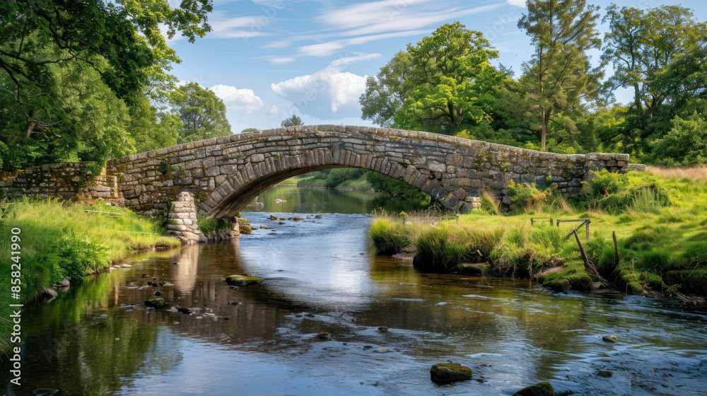 Historic stone bridge crossing a tranquil river in a scenic area Historic stone bridge crossing a tranquil river in a scenic area