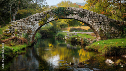 Historic stone bridge crossing a tranquil river in a scenic area