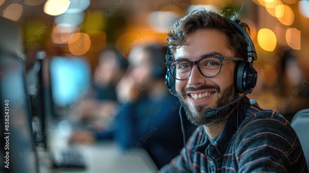 Smiling Technical Support Operator in Headset Assisting Customers at Call Center Smiling Technical Support Operator in Headset Assisting Customers at Call Center