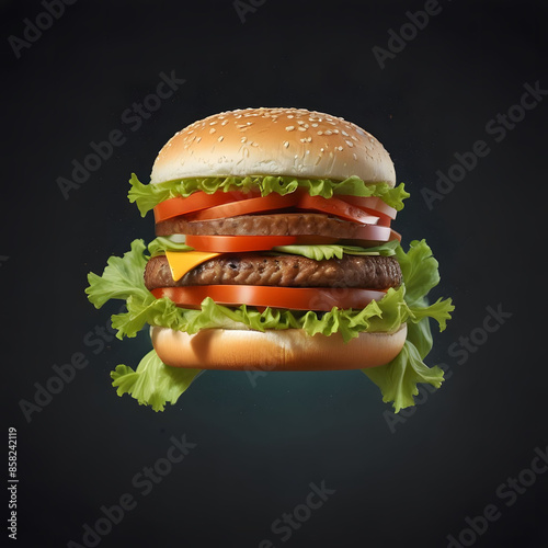 Big tasty hamburger or cheeseburger on black background with grilled meat, cheese, tomato, bacon, onion. Burger closeup