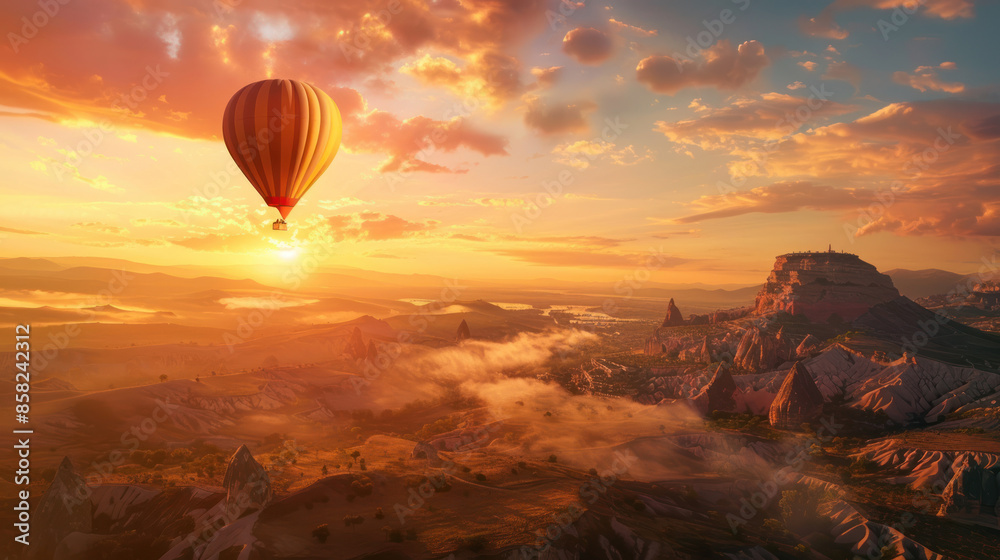 Hot air balloon floating over a scenic landscape at sunrise Hot air balloon floating over a scenic landscape at sunrise