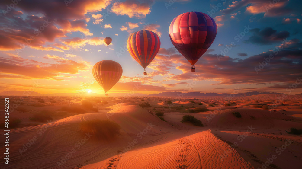 Hot air balloons ascending over a desert at dawn Hot air balloons ascending over a desert at dawn
