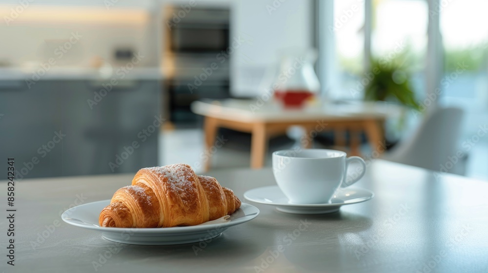 Croissant and coffee on kitchen counter with modern furniture focus on pastry and tea in cup space for text Croissant and coffee on kitchen counter with modern furniture focus on pastry and tea in cup space for text