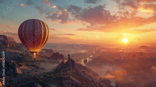 Hot air balloon floating over a scenic landscape at sunrise