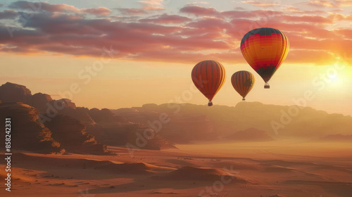 Hot air balloons ascending over a desert at dawn