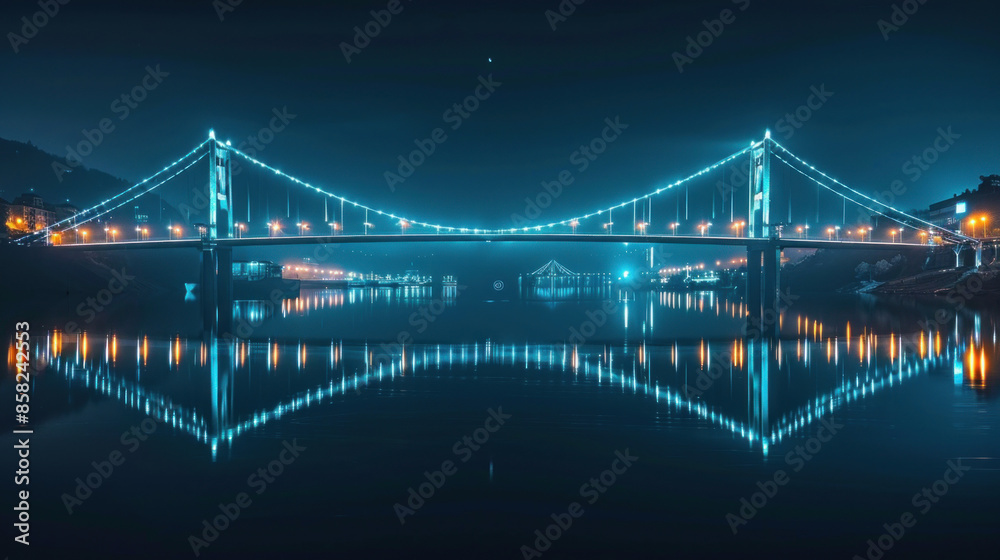 Fototapeta premium Iconic city bridge illuminated at night with reflection on water