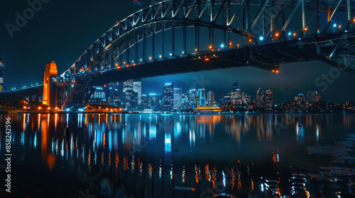 Iconic city bridge illuminated at night with reflection on water © NooPaew