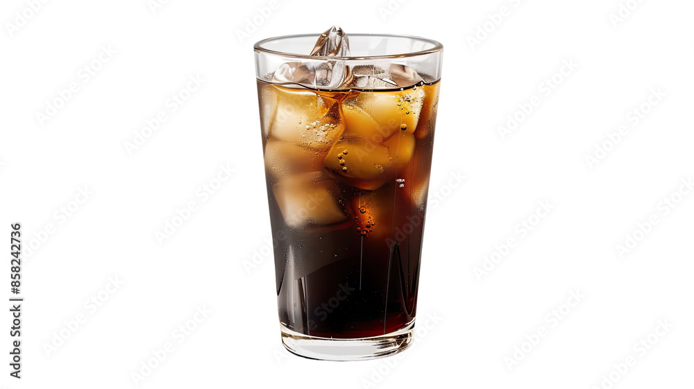 Photograph of a refreshing glass of iced coffee, with cold brew coffee, milk, and ice, on a transparent background. Photograph of a refreshing glass of iced coffee, with cold brew coffee, milk, and ice, on a transparent background.