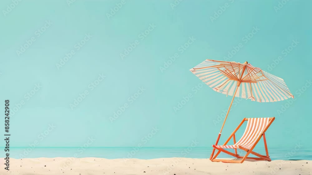minimalistic tropical island flat illustration with sun umbrella, chair,  water, large empty spac for text, ideal for travel, tourism, and beach vacation promotions, copyspace