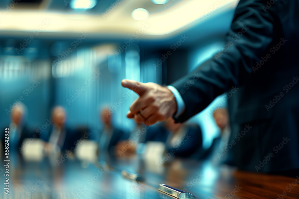 Business Executive Leading a Meeting in a Modern Conference Room with Blurred Background of Attendees Business Executive Leading a Meeting in a Modern Conference Room with Blurred Background of Attendees