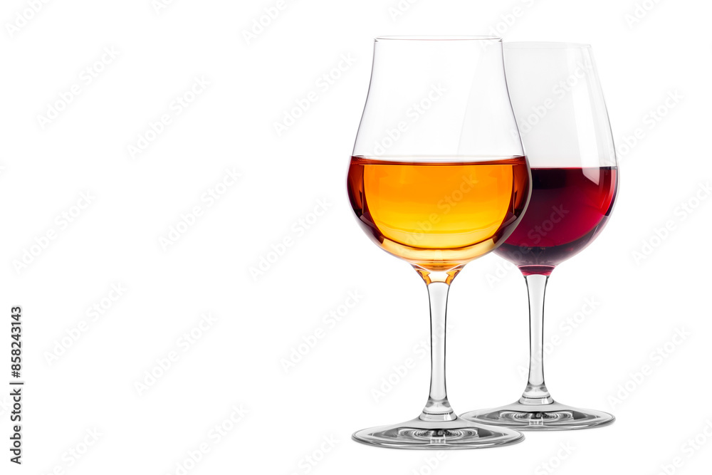 Set of red and white wine glasses isolated on white background. Rose wine splashing in glassware. Set of red and white wine glasses isolated on white background. Rose wine splashing in glassware.
