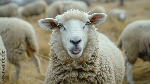 Funny sheep. Portrait of sheep showing tongue. 