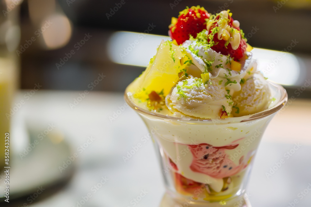 Delicious Ice Cream Sundae with Strawberries and Nuts in Glass Cup Delicious Ice Cream Sundae with Strawberries and Nuts in Glass Cup