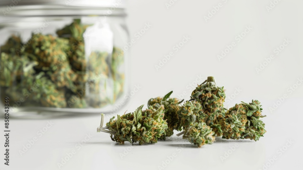 Green cannabis buds displayed on white surface with glass container Blank area available Green cannabis buds displayed on white surface with glass container Blank area available