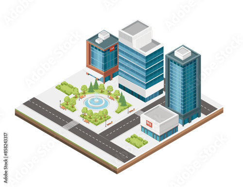 Three-dimensional isometric view showcasing bustling streets, towering skyscrapers, and a serene park. Urban modern city design, vector illustration isolated on white background