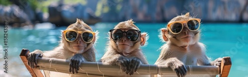 Chillaxing Monkeys in Sunglasses Enjoying Tropical Beach Vacation photo
