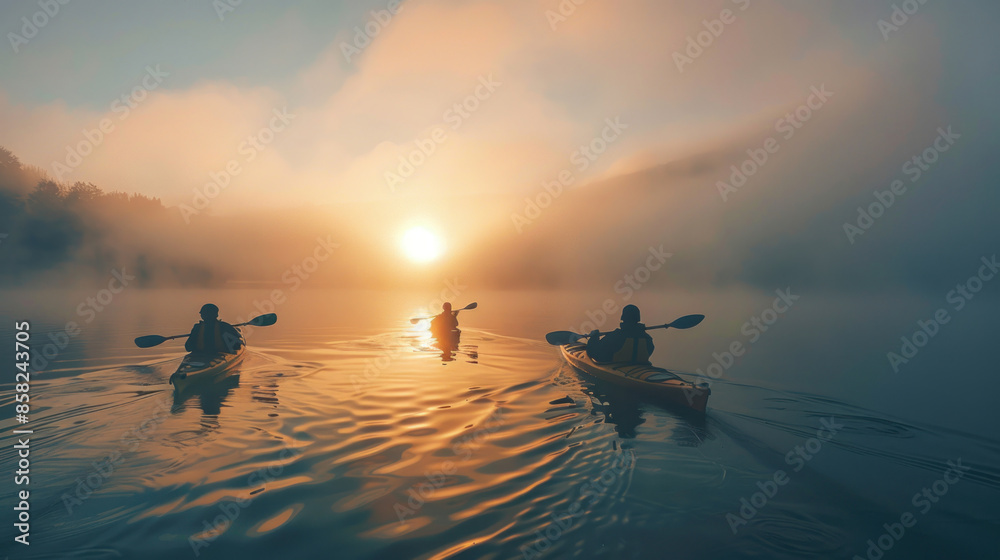 Naklejka premium Kayakers paddling through a serene, foggy lake at dawn