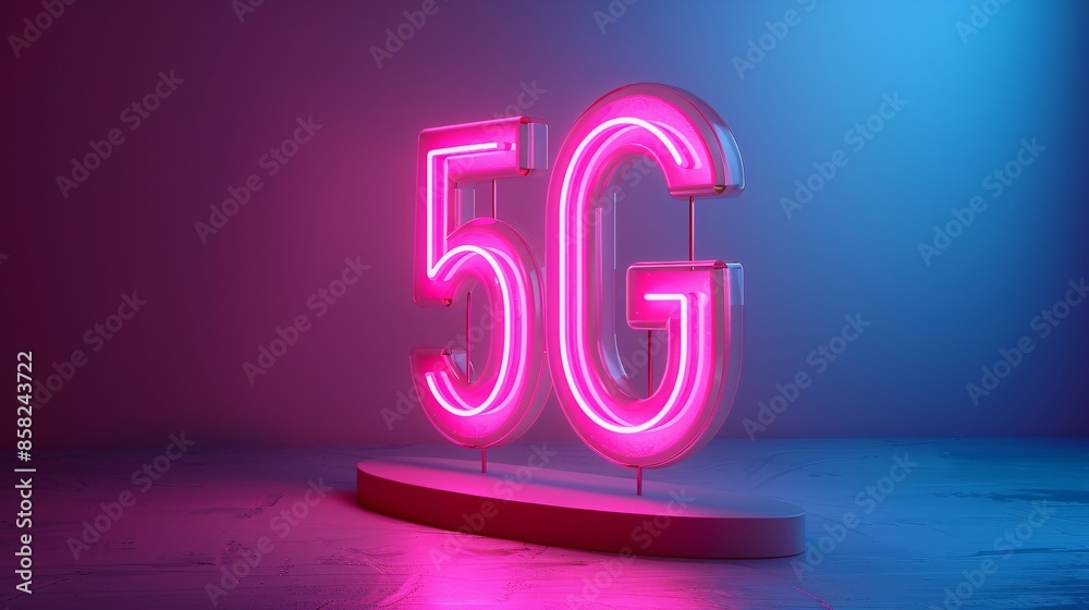 Glowing pink 5G sign on a pedestal, illuminated in a blue and purple background, representing advanced wireless technology. 3D Illustration. Glowing pink 5G sign on a pedestal, illuminated in a blue and purple background, representing advanced wireless technology. 3D Illustration.
