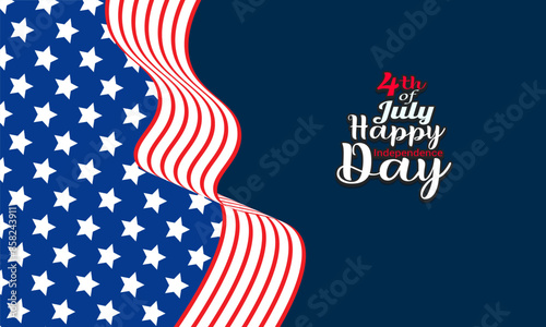 Happy 4th of July! Celebrate USA Independence Day with this greeting card featuring a waving American flag and hand-lettered text design. Vector illustration included.