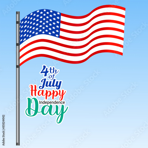 Happy 4th of July! Celebrate USA Independence Day with this greeting card featuring a waving American flag and hand-lettered text design. Vector illustration included.