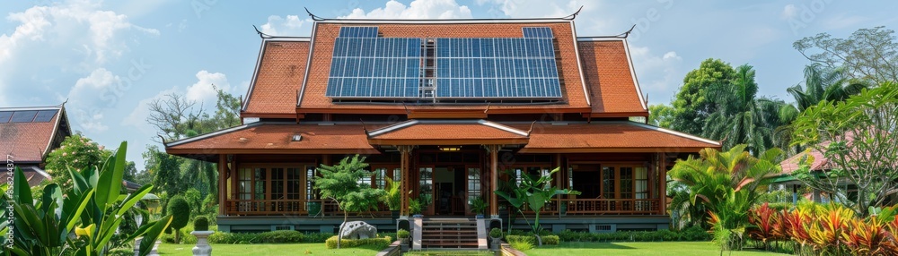 Traditional Thai house featuring solar panels Traditional Thai house featuring solar panels