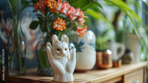 Stylish white ceramic vase shaped like a hand with Eustoma flowers and a colorful cat on a wooden console Trendy decorative elements with selective focus photo