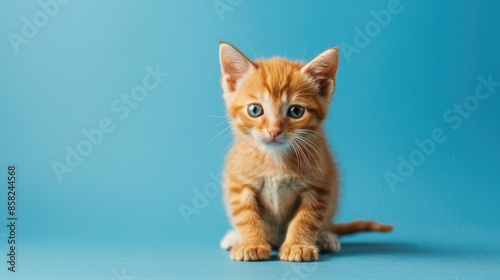 Curious orange and white tabby kitten on blue background