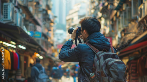 Man practicing photography in a vibrant urban setting