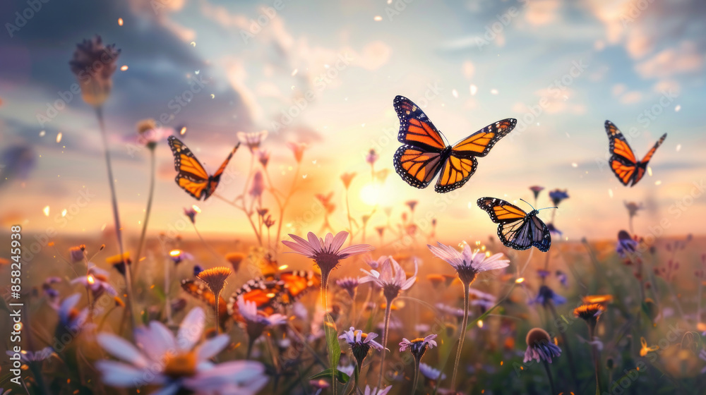 Monarch butterflies migrating over a blooming field Monarch butterflies migrating over a blooming field