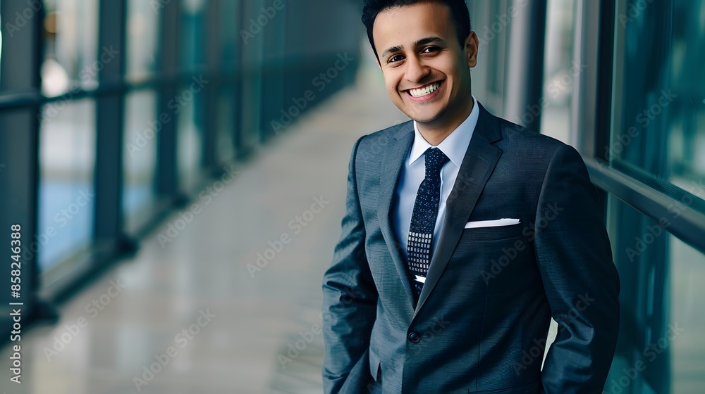 Confident young professional in a sleek suit standing in an office corridor, radiating positivity. Confident young professional in a sleek suit standing in an office corridor, radiating positivity.