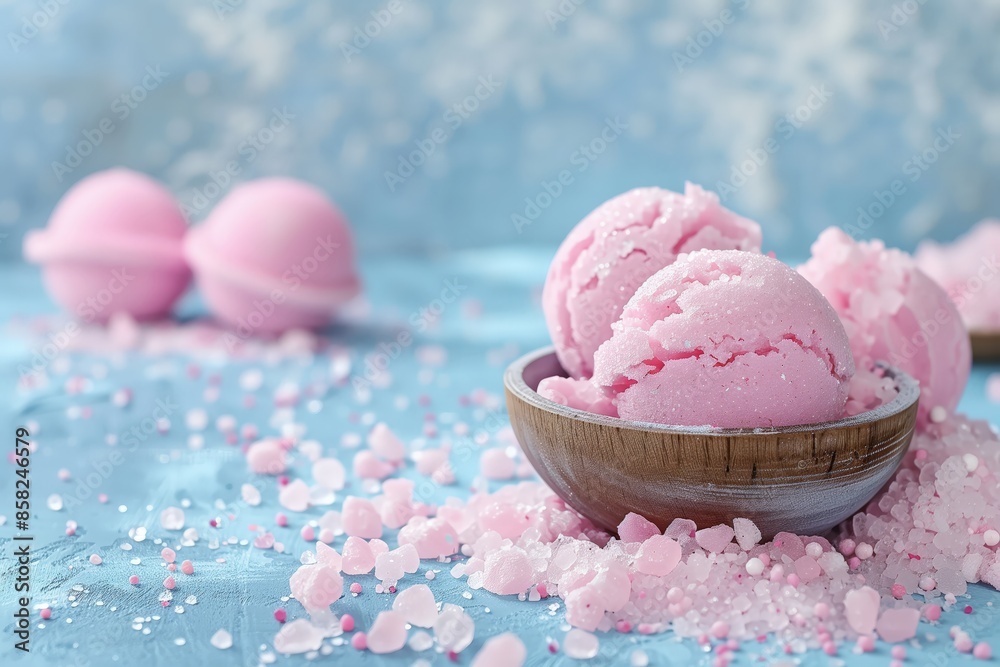 A bowl of pink ice cream with pink sprinkles on top A bowl of pink ice cream with pink sprinkles on top