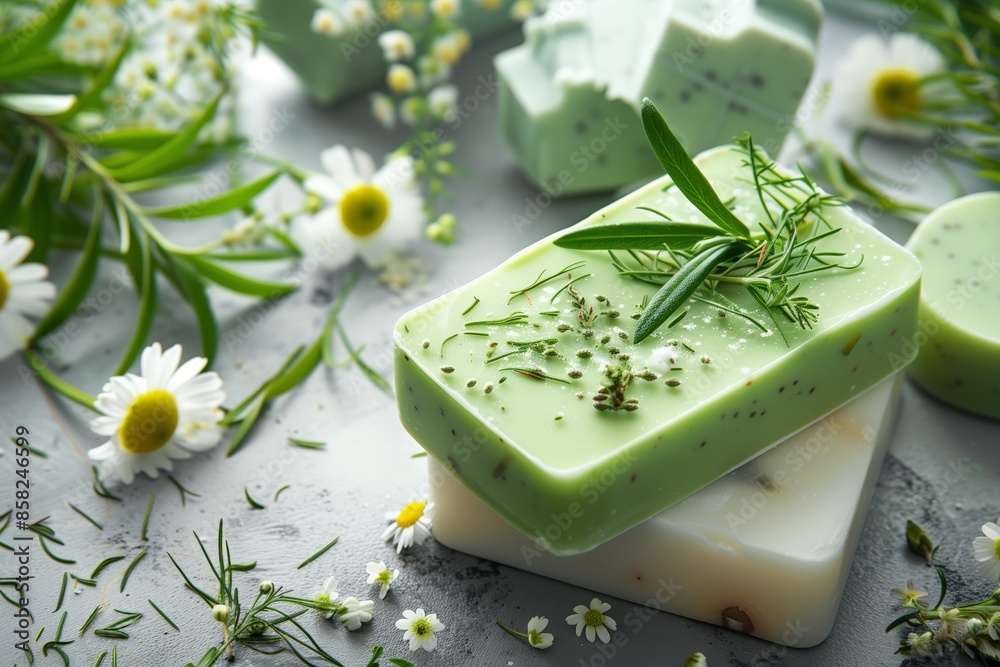 A green and white bar of soap with a few green leaves on top A green and white bar of soap with a few green leaves on top